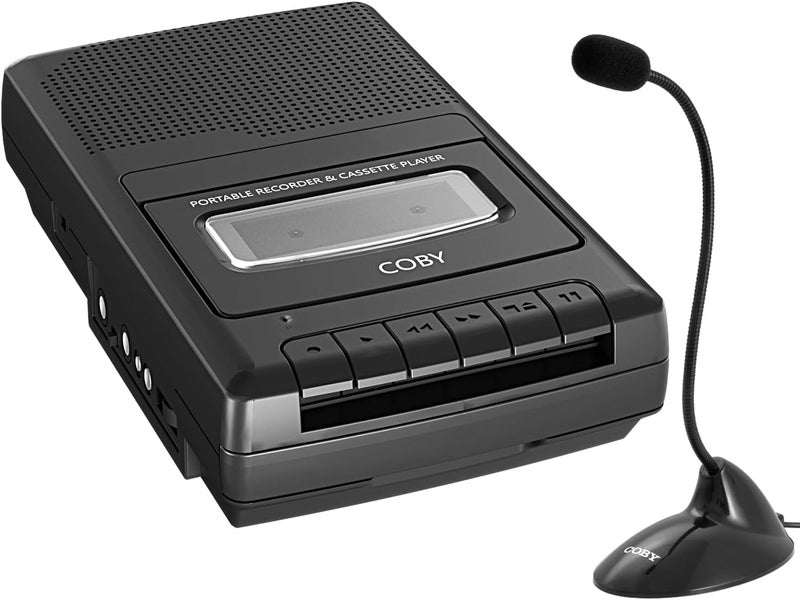 COBY Portable Cassette Player & Recorder with Standing Microphone – Retro Shoebox Tape Recorder with Built-in Speaker, Aux Input, Headphone Jack & Dual Power (Battery/AC) – Classic Black Audio Device - Image 1